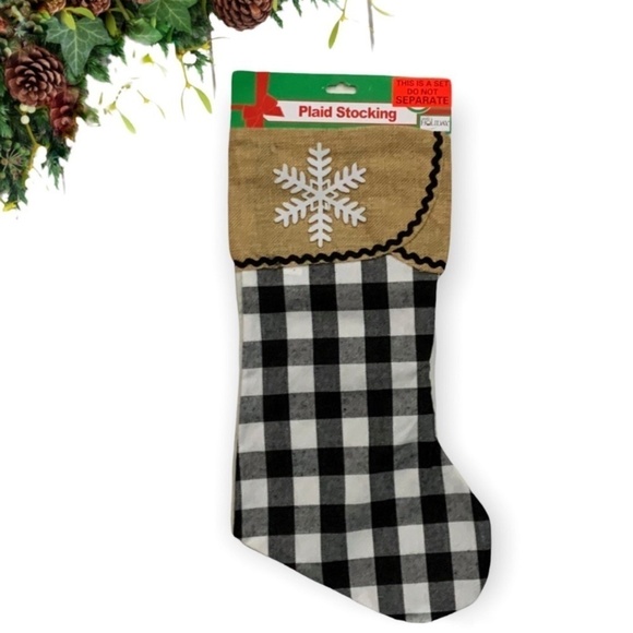 Christmas Stockings Buffalo Plaid Check Black White Burlap Set of 2 - Picture 2 of 8